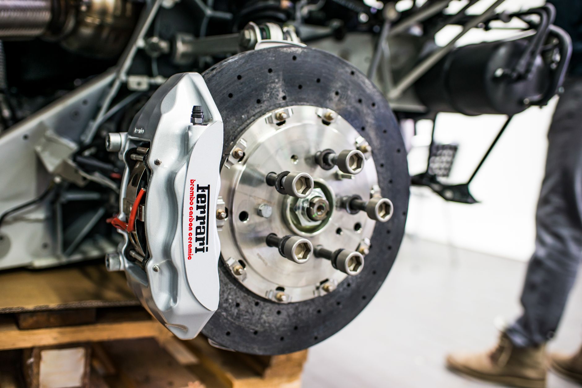 Close-up of a disc brake and caliper on a car